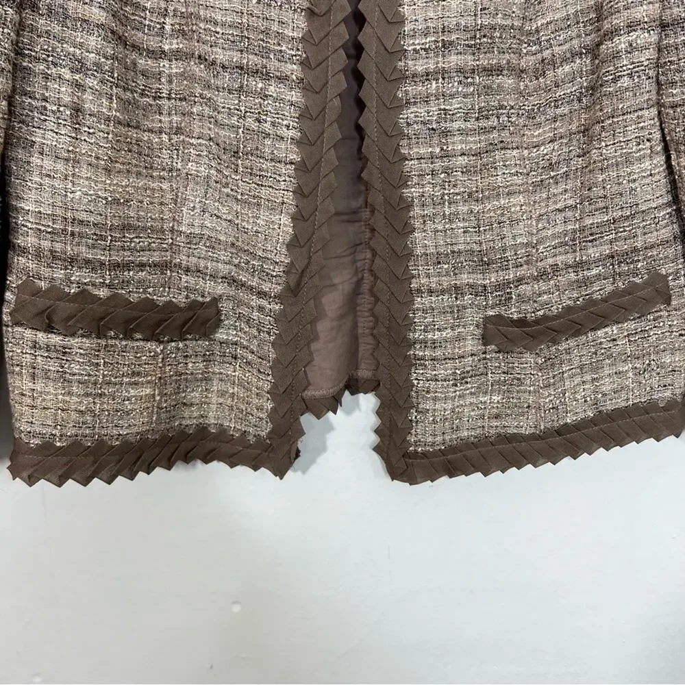 Worth Tan Linen Blend Ribbon Accent Brooch Trim Blazer Size 8